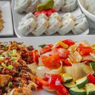 Chicken, Rice, Veggies, 10 Pc Potstickers, & 20 Pc California Roll